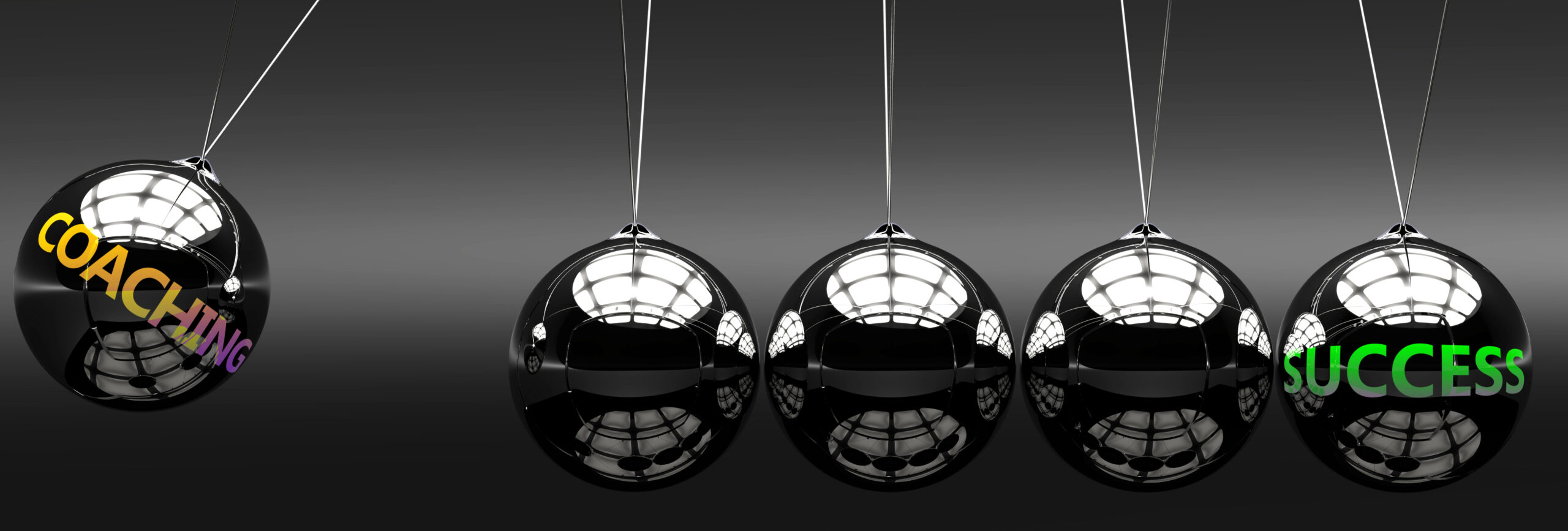 Meaning, ideas and relation of two concepts: coaching and succes Meaning, ideas and relation of two concepts: coaching and success, pictured as Newton cradle with metal balls giving energy and momentum to each other, labelled with english words, 3d illustration